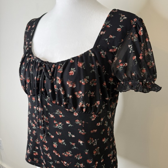 No Boundaries Tops - Y2K Milkmaid Mesh Top Whimsigoth Dark Cottage Fairy Grunge Puff Sleeve Floral L